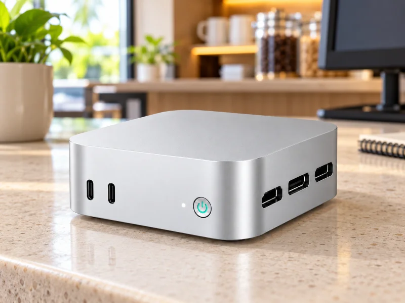 Illustration: Compact silver mini PC with green power button on a counter