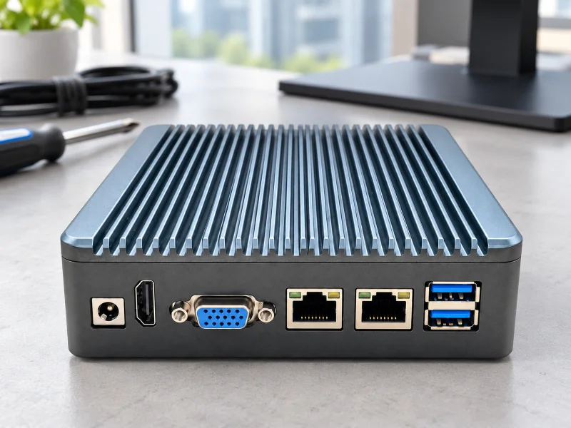 插图：Compact graphite fanless mini PC with blue-gray finned top and dual Ethernet on a workbench in Singapore