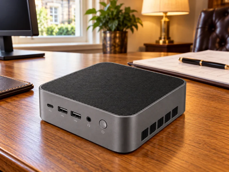 Ilustrasi: Graphite mini PC with black ridged mesh top on a desk