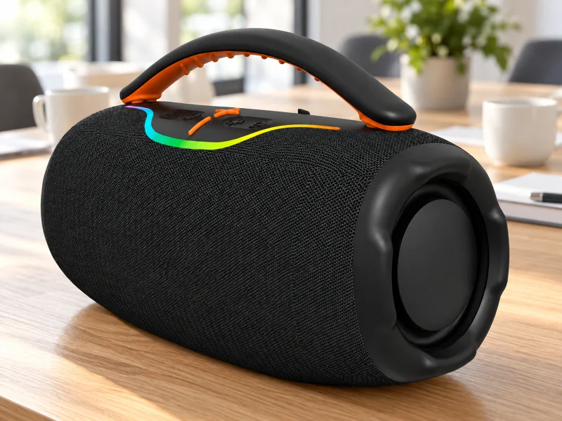 Illustratie: Black barrel speaker with an orange-lined carry handle and top rainbow strip in a Netherlands office event table