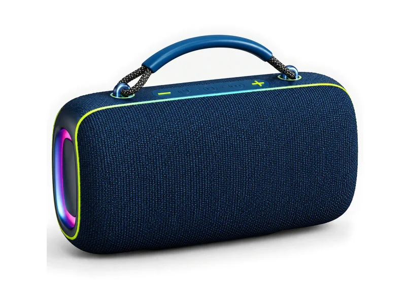 Navy rounded rectangular portable speaker with braided carryhandle on a light studio background