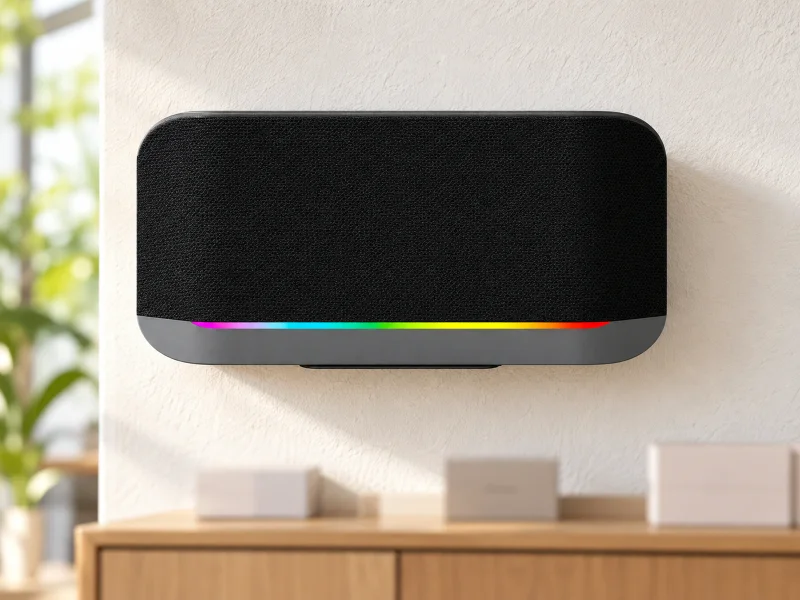 Illustratie: Black rounded wall speaker with gray base and thin rainbow light on a wall in Malaysia