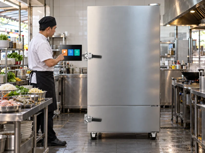 Ilustrasi: Large enclosed cooking robot on a desk in Malaysia