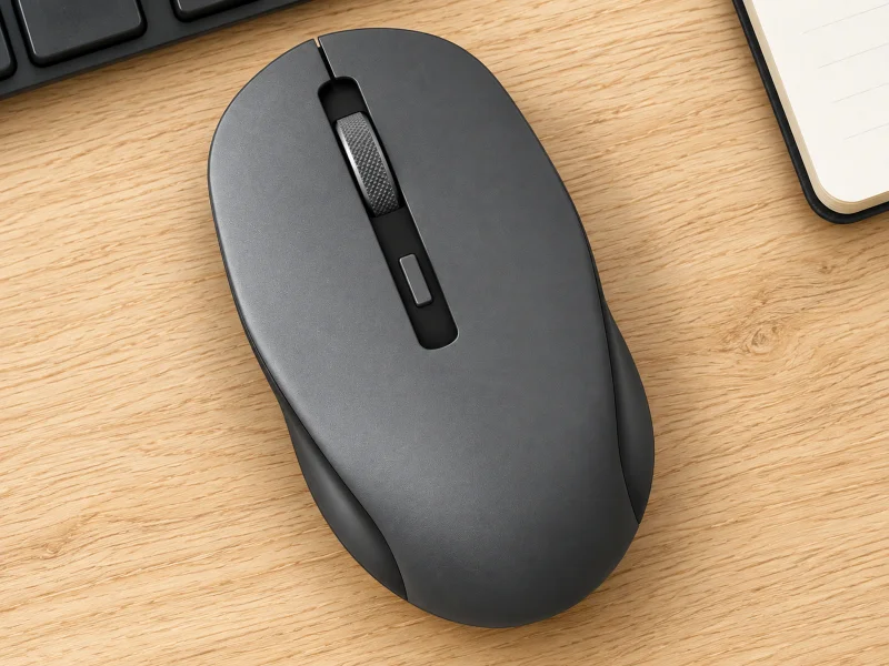 Illustration: Grey wireless mouse on an office desk