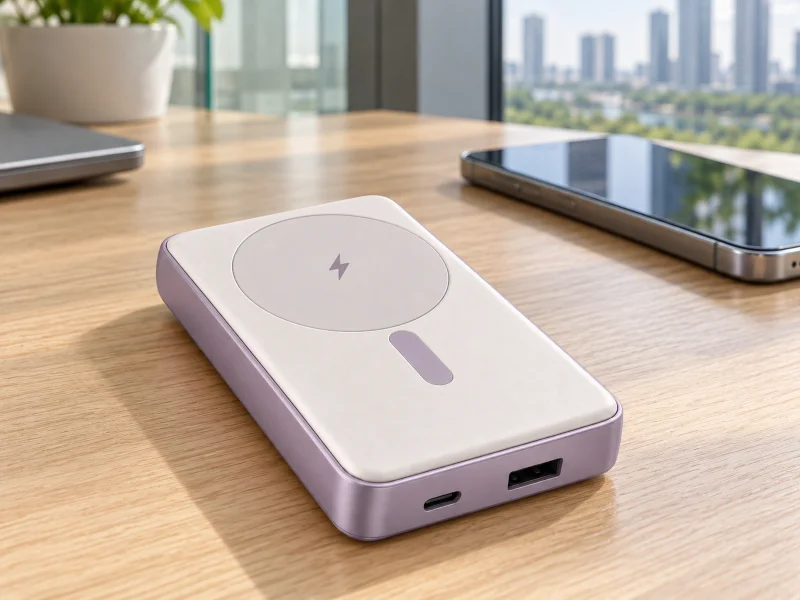 Illustration: Lavender magnetic power bank with two ports and charging target on a desk in Singapore