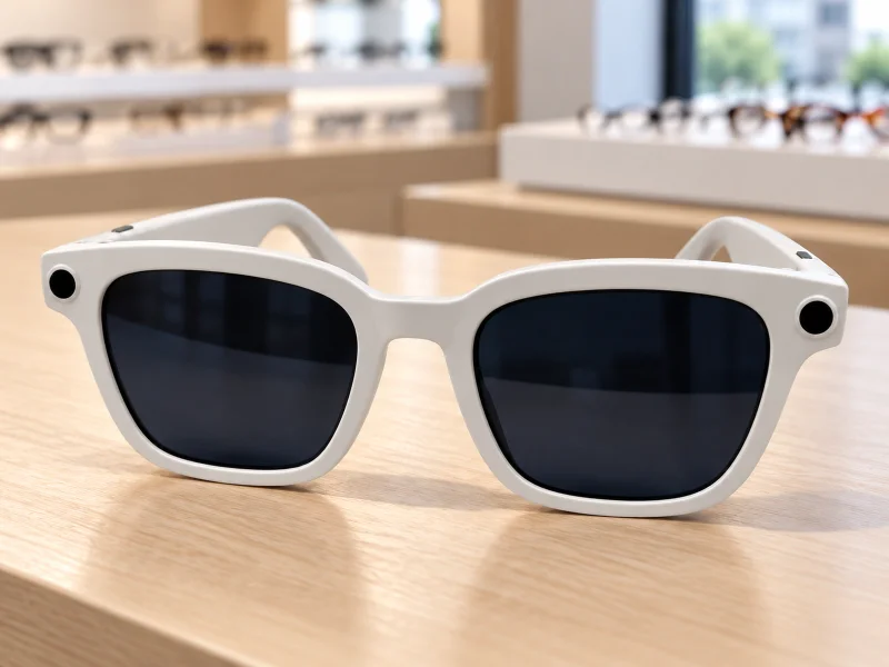 Illustratie: White camera sunglasses with dark lenses on a desk in the Netherlands