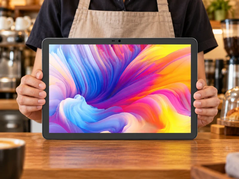 Illustratie: Graphite landscape tablet with three top-bezel apertures on a counter in Malaysia