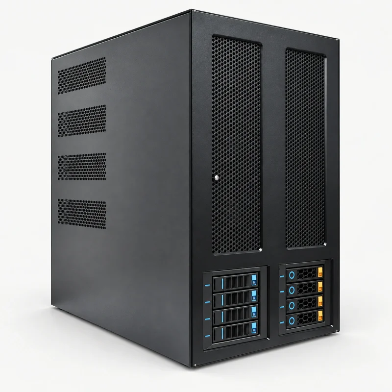 large charcoal tower workstation on a light studio background