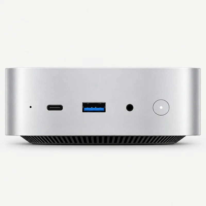 Silver mini PC with black underside vent on a light studio background