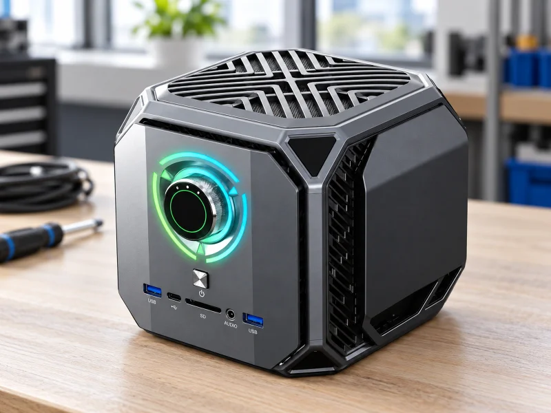 Illustratie: Gunmetal armored cube mini PC Pro with circular RGB mode dial on a workbench in the UK