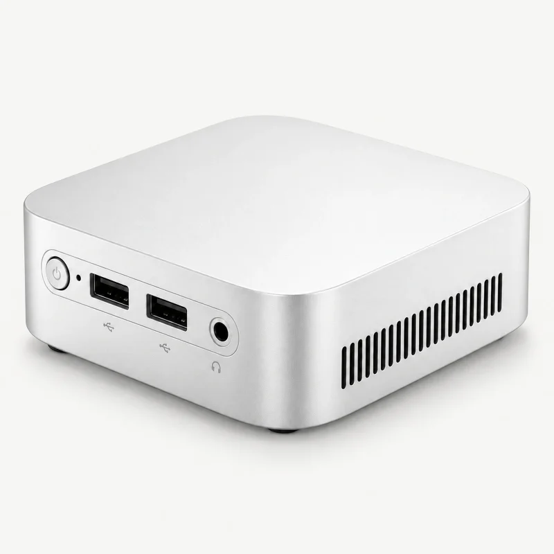 Pale silver mini PC with inset front panel and black USB-A ports on a light studio background