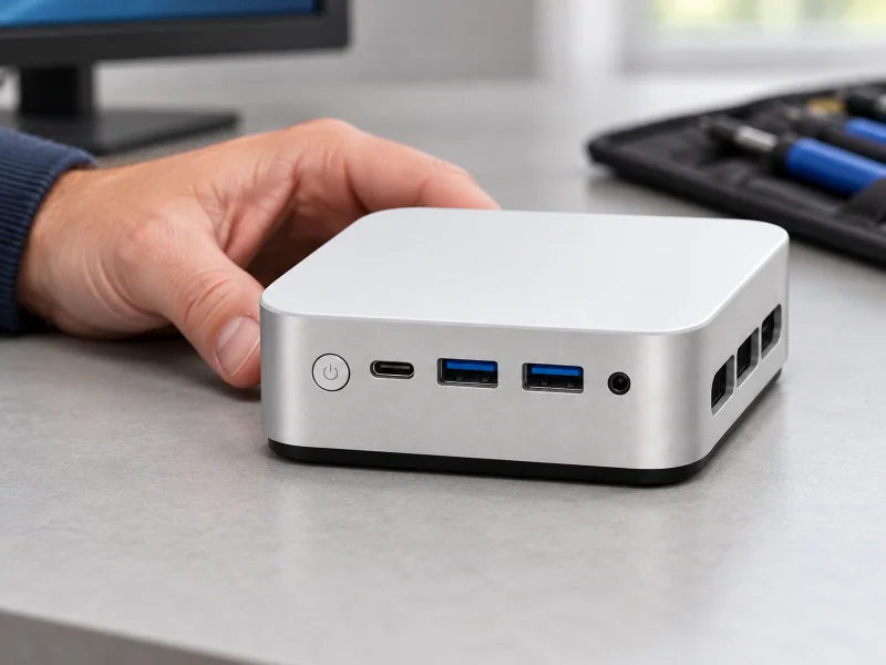 Illustratie: Compact white mini PC on an installer workbench