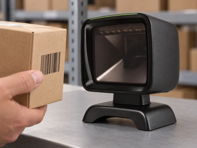 Ilustrasi: compact fixed desktop barcode scanner on a workbench