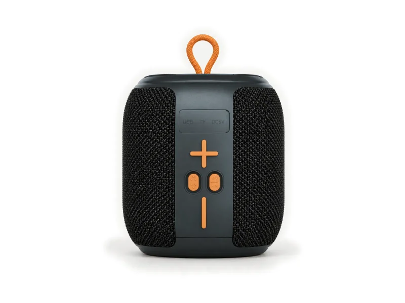 Compact upright woven portable speaker with loop and front controls on a light studio background