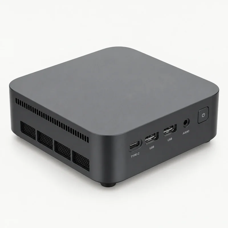 Graphite compact AI mini PC with labeled front USB and audio connectors on a light studio background