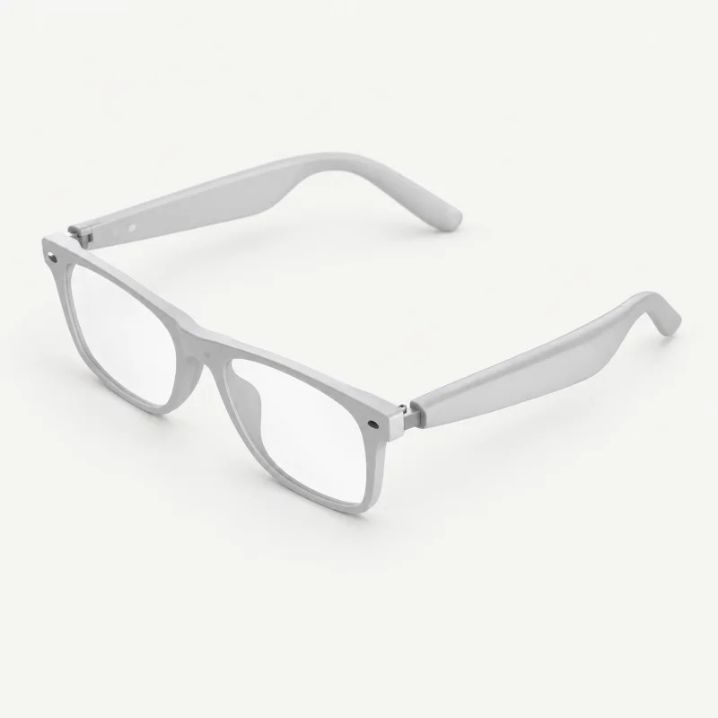 Pale grey rectangular audio glasses with clear lenses on a light studio background