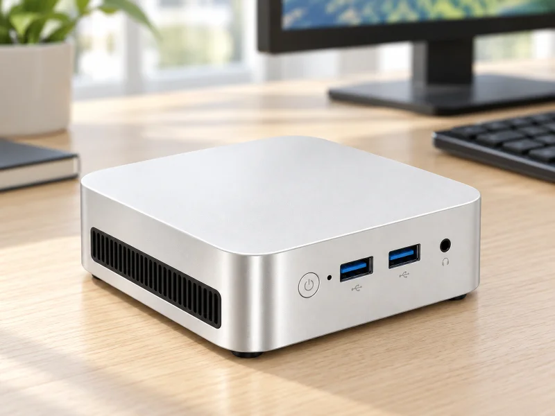 插图：Pale silver mini PC with two blue USB-A ports and left slatted vent on a desk
