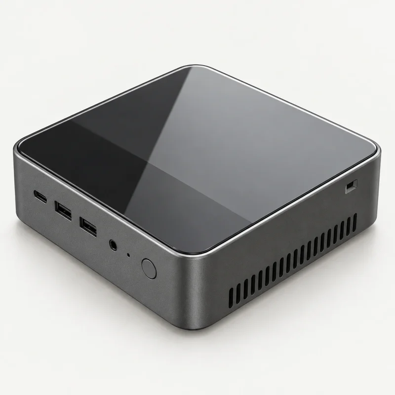 Glossy black and grey mini PC on a light studio background