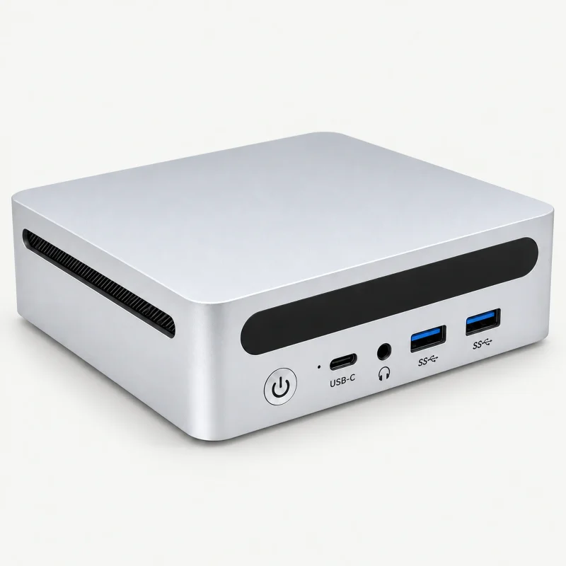 Silver rounded mini PC with black front band on a light studio background