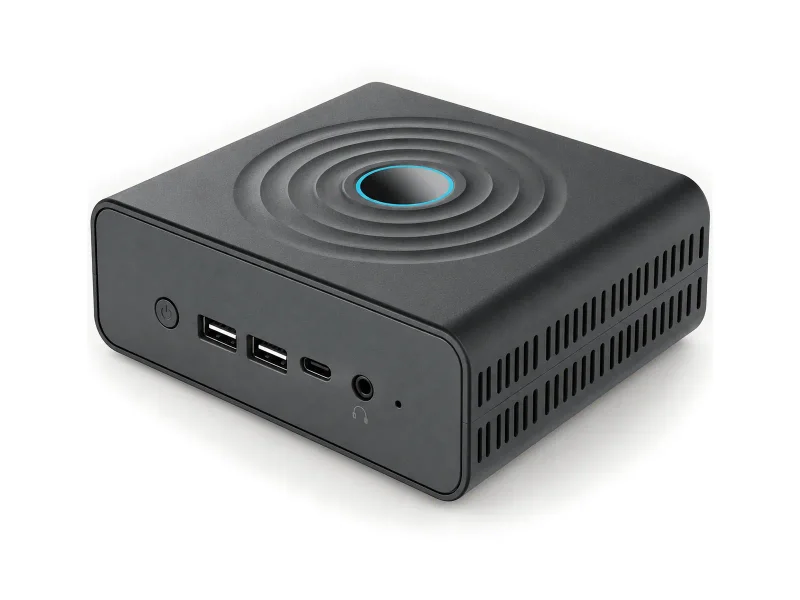 Dark compact mini PC with concentric top rings on a light studio background