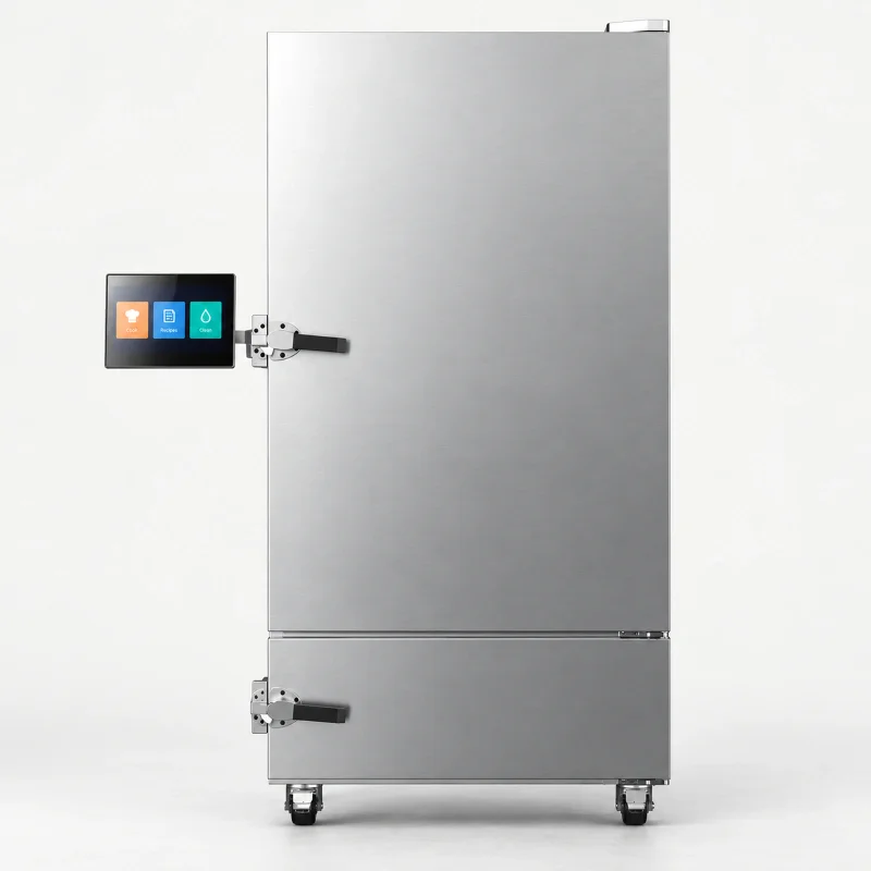 Large enclosed cooking robot on a light studio background