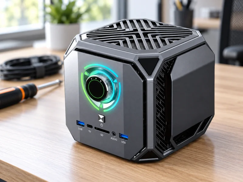 Illustration: Gunmetal armored cube mini PC with circular RGB mode dial on a workbench in the Netherlands