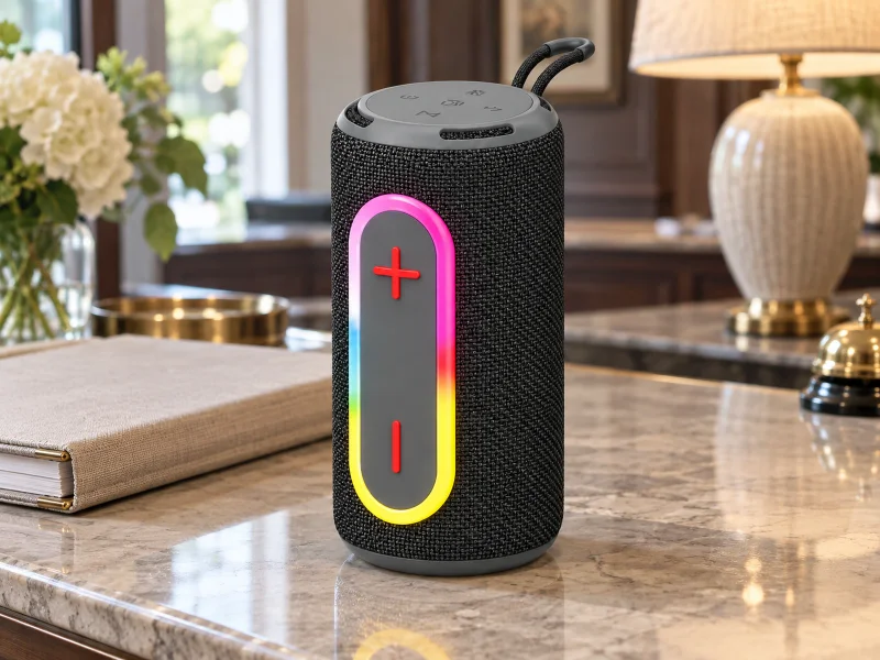 Illustratie: Slender cylindrical woven speaker with illuminated front controls on a counter in the UK