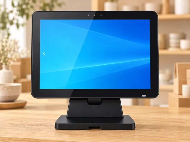 Illustration: Black front-view POS terminal with short sloped stand and notched base on a counter in the Netherlands