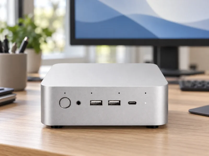 Illustratie: Silver square mini PC on a desk