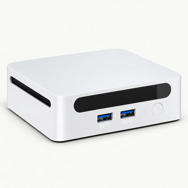 Compact white mini PC on a light studio background