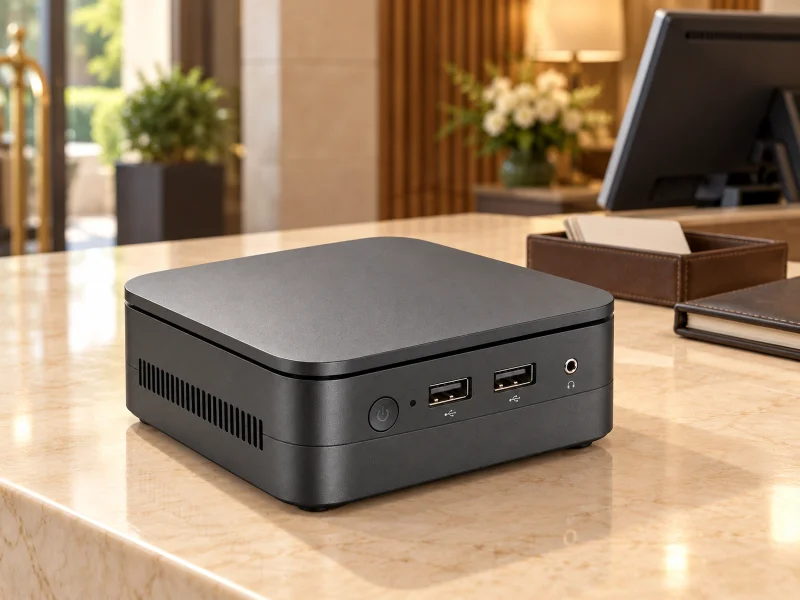 Illustratie: Dark grey mini PC with black lid gap and two black USB-A ports on a counter
