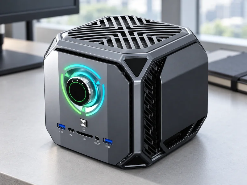 Illustratie: Gunmetal armored cube mini PC Pro with circular RGB mode dial on a desk in Singapore