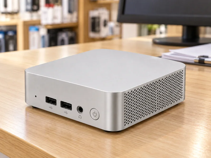 插图:Pale silver mini PC with round perforated side panel on a counter