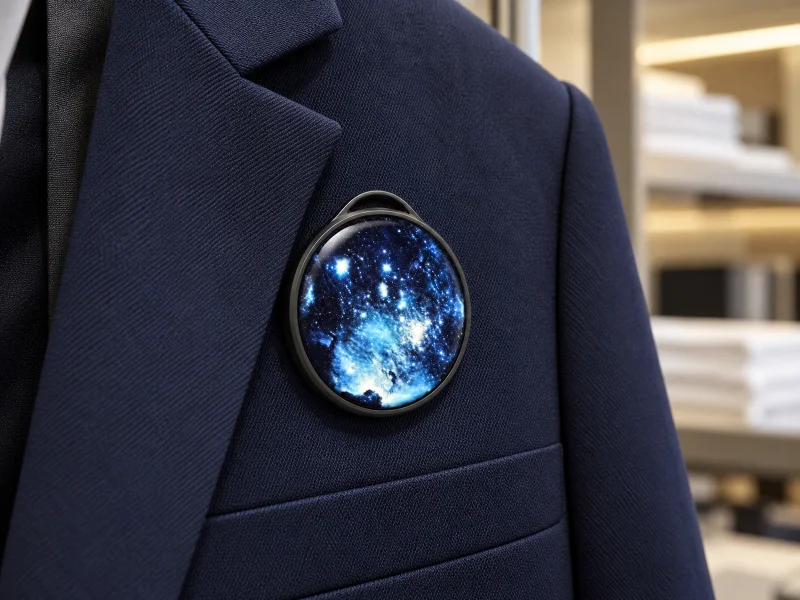 Illustration: Round dark digital badge with galaxy display and hanging loop on a desk in Singapore