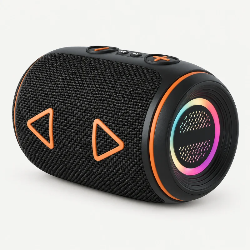 Compact barrel-shaped portable speaker with woven grille and RGB end ring on a light studio background