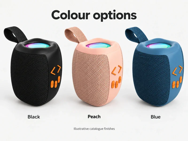 Compact woven portable speaker with carry loop and RGB top in all documented colour options side by side