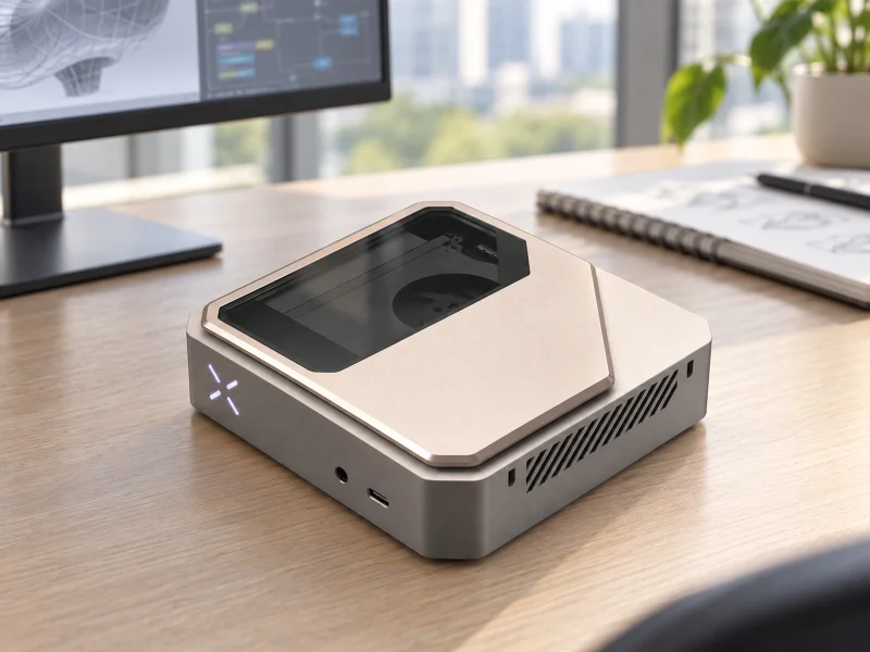 Illustratie: Champagne silver compact computer with a tinted inset lid on a desk