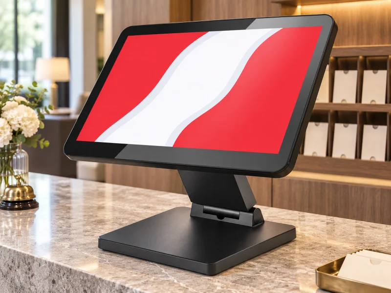 Illustration: Black landscape POS terminal with sloping neck and broad flat base on a counter in the UK