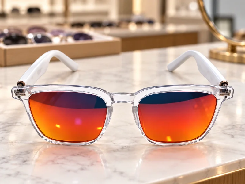Illustratie: Clear-frame smart sunglasses with orange mirrored lenses and white temples on a counter in Singapore