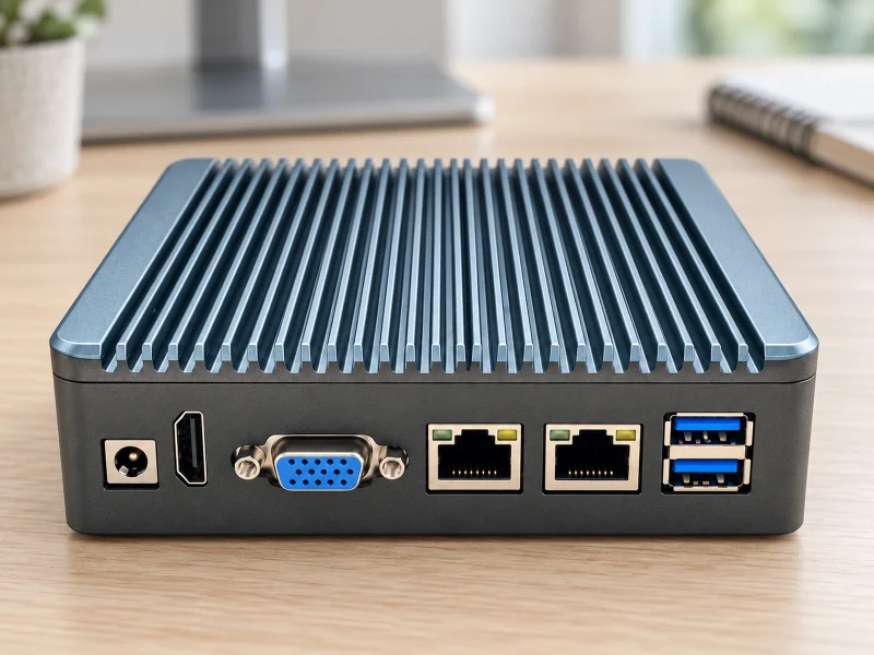 插图：Compact graphite fanless mini PC with blue-gray finned top and dual Ethernet on a desk in the UK