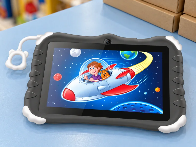 Illustration: 7inch dark protective children tablet on a desk in the UK