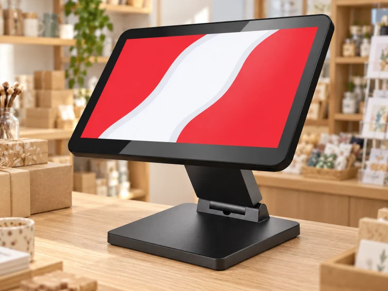 Illustration: Black landscape POS terminal with sloping neck and broad flat base on a counter in the Netherlands