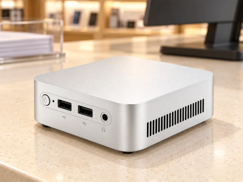 Illustration: Pale silver mini PC with inset front panel and black USB-A ports on a counter