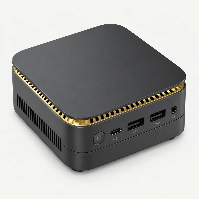 Dark grey mini PC with gold vented lid edge and USB-C front port on a light studio background