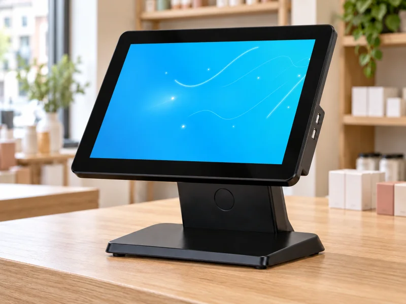 Illustration: Black single-screen POS touchscreen on broad sloping pedestal on a counter in the Netherlands