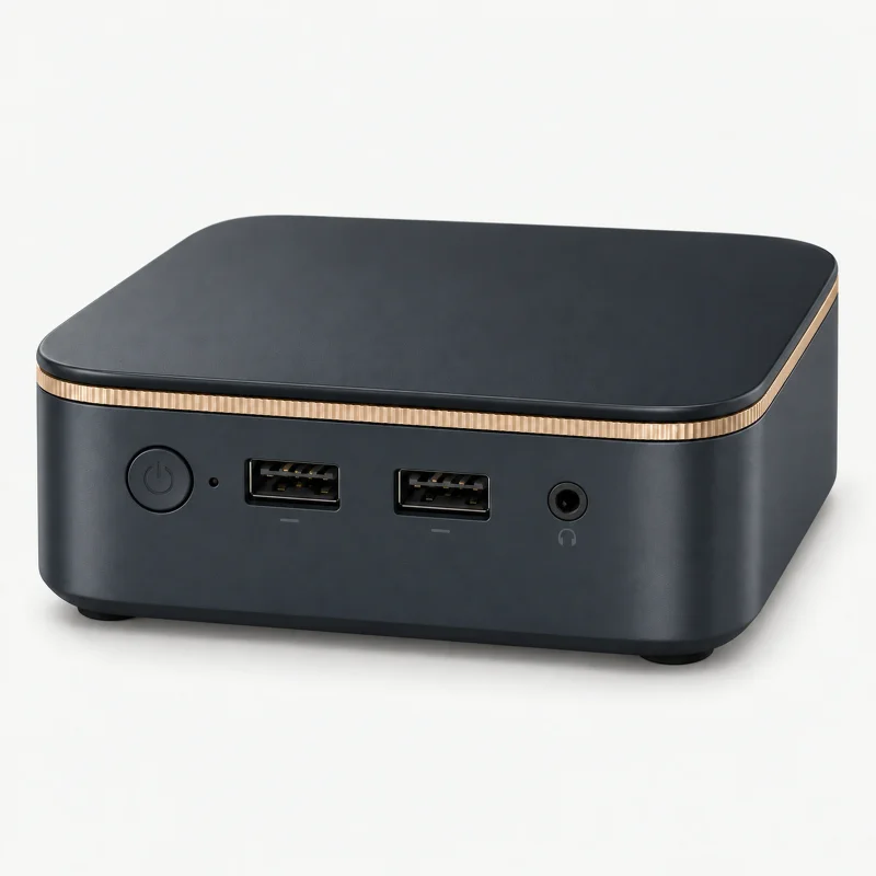 Dark mini PC with thin champagne-gold lid trim on a light studio background