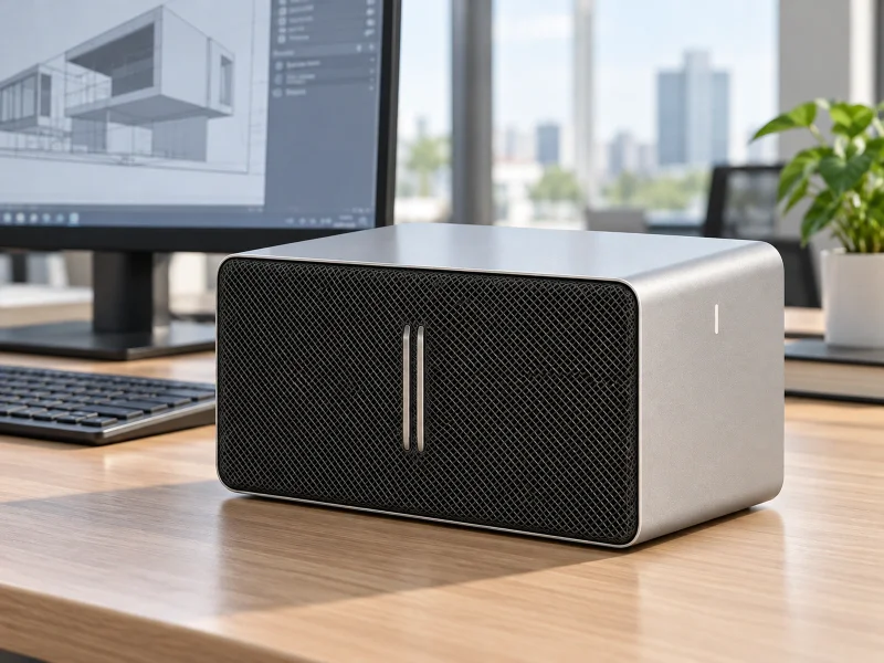 Illustration: Compact silver workstation with black mesh front on a desk