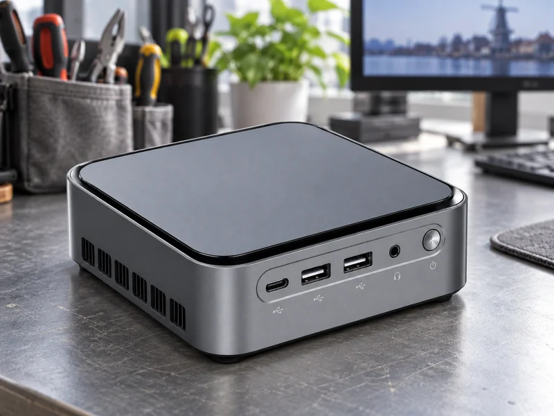 Illustration: Graphite mini PC with black top rim on a workbench