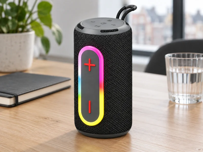 Illustratie: Slender cylindrical woven speaker with illuminated front controls on a desk in the Netherlands