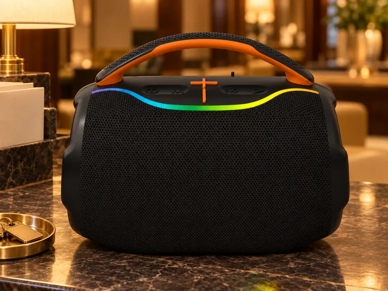 Ilustrasi: Black compact speaker with an orange-lined carry handle and rainbow edge light on a UK hotel service desk